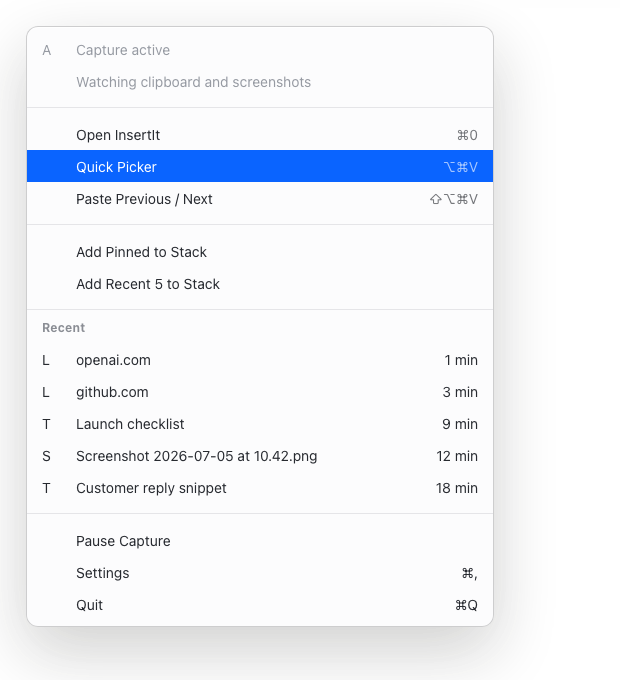 InsertIt menu bar dropdown showing quick picker, paste stack, and recent clipboard actions