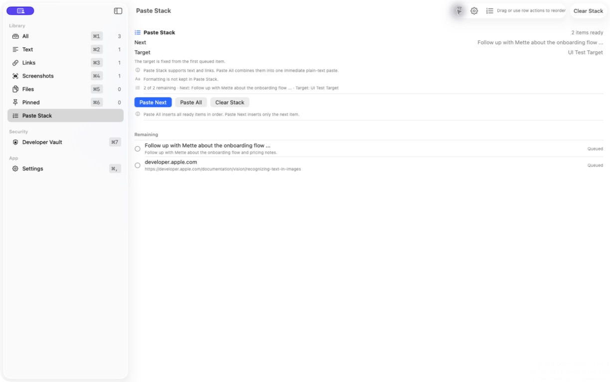 InsertIt Paste Stack showing two queued clipboard items ready to paste
